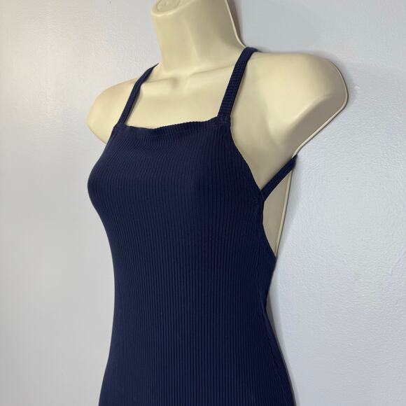 Reformation Navy Blue Ribbed Knit Square Neck Crisscross Open Back Midi Dress XS - Picture 3 of 11